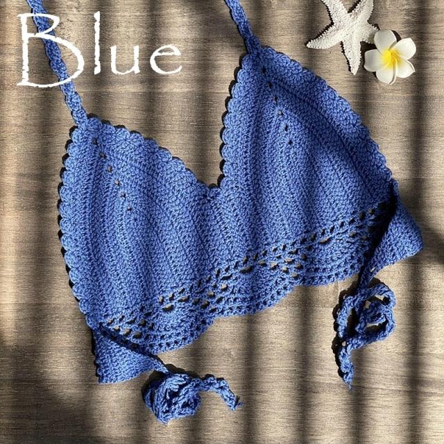 Knitted Cotton Swimsuit Bra And Bottom Black Knitted Bikini Top Summer Beach Breast Wrap Handmade Crop Top